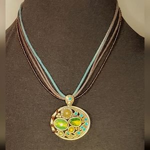 Beautiful necklace Brown and teal  leather and brown bead chain